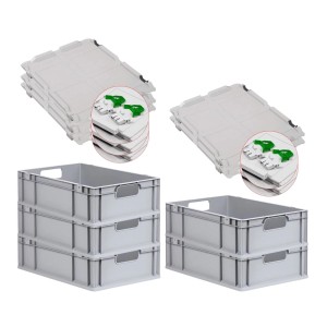 PROREGAL Spar Set: 5 Euroboxen mit Deckel und grünen Verschlüssen, 34 Liter.