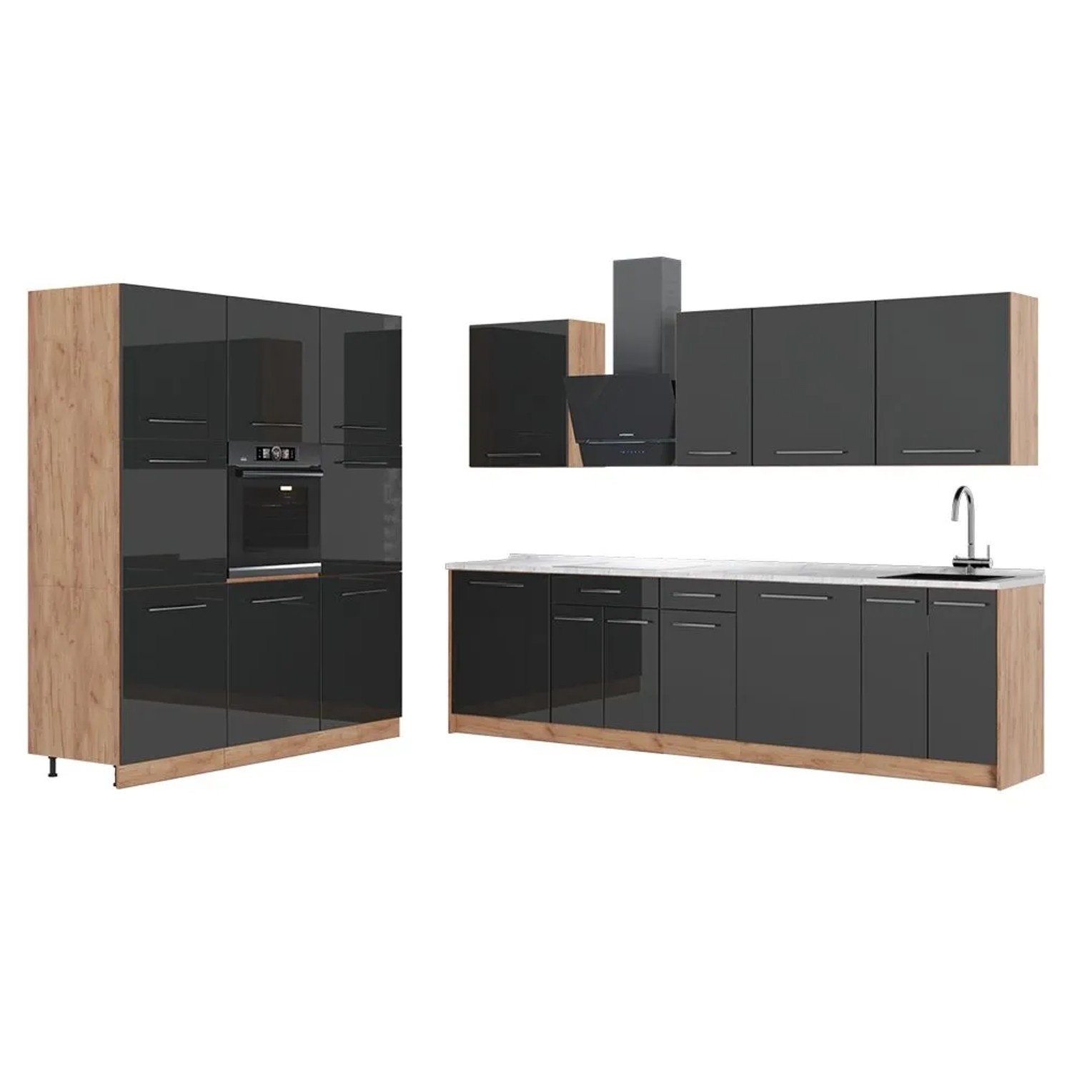 Vicco Küchenzeile Fame-Line Anthrazit Hochglanz/Goldkraft Eiche 460 x 207 AP Marmor Art Nr 63787