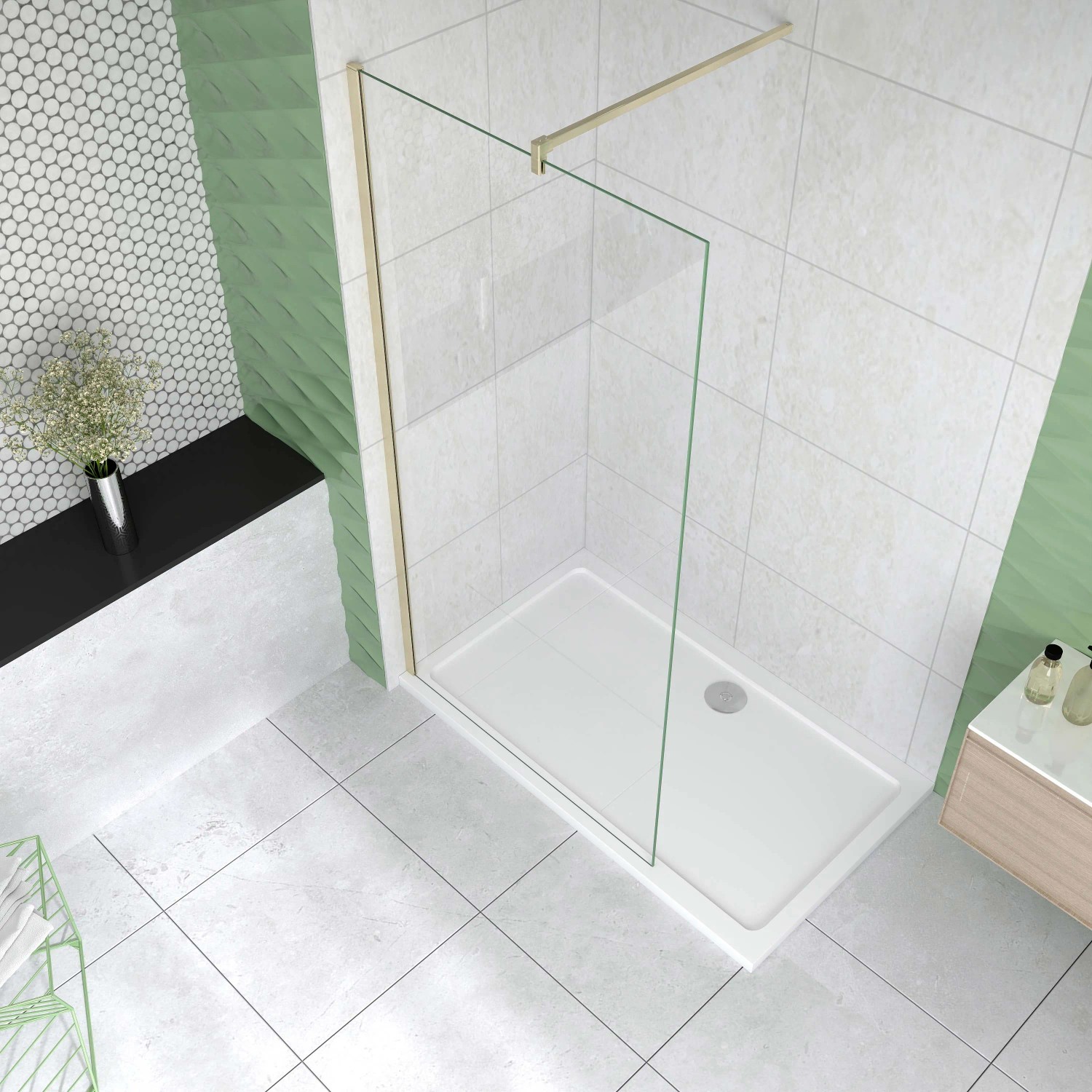Duschparadies 200cm Wandprofil mit Stabilisierungsstange Stabilisator 90cm Für 6-10mm Glas Walk-in Dusche Glas Seitenwand Gold Gebürstet_3