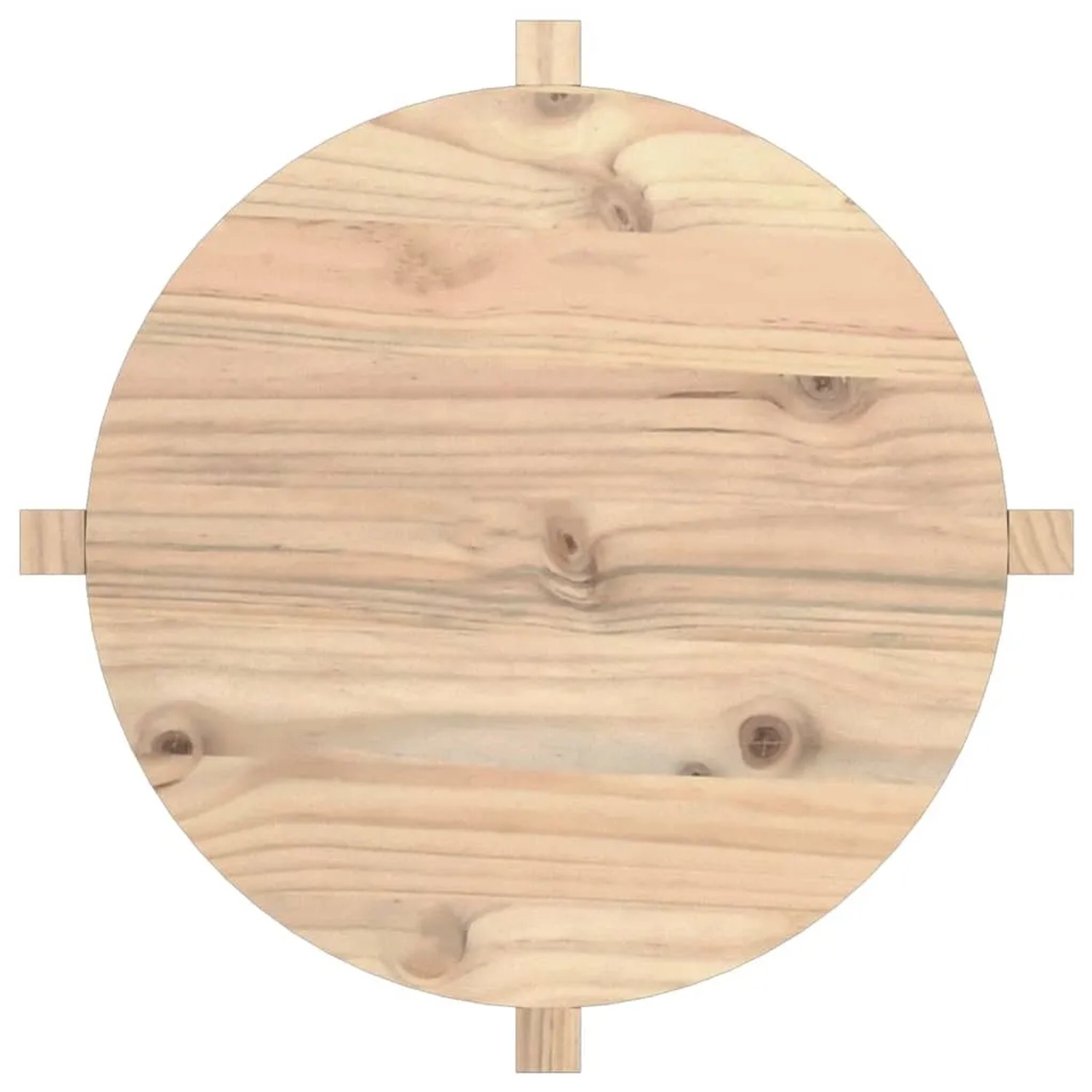 Runder Couchtisch aus unbehandeltem Kiefer Massivholz, Ø 62,5 cm, mit natürlicher Holzmaserung und Aststellen.