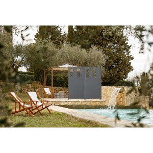 Eleo Sichtschutz Agri Metall in Anthrazit am Pool, Gartenzaun mit Wellenmuster für Privatsphäre.