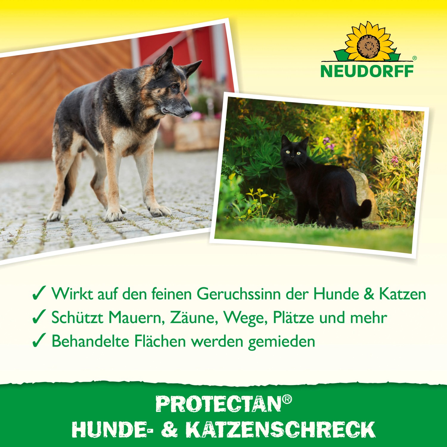Neudorff Hunde- und Katzen-Schreck: Mittel zur Tierabwehr mit Hund und Katze im Hintergrund.