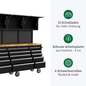 Galaflor Mobile Werkbank mit Lochwand Oberschränken und Arbeitsplatte 183 cm