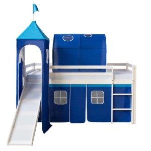 Weißes Kinderhochbett 90x200 mit blauer Rutsche, Turm, Tunnel und Vorhang.
