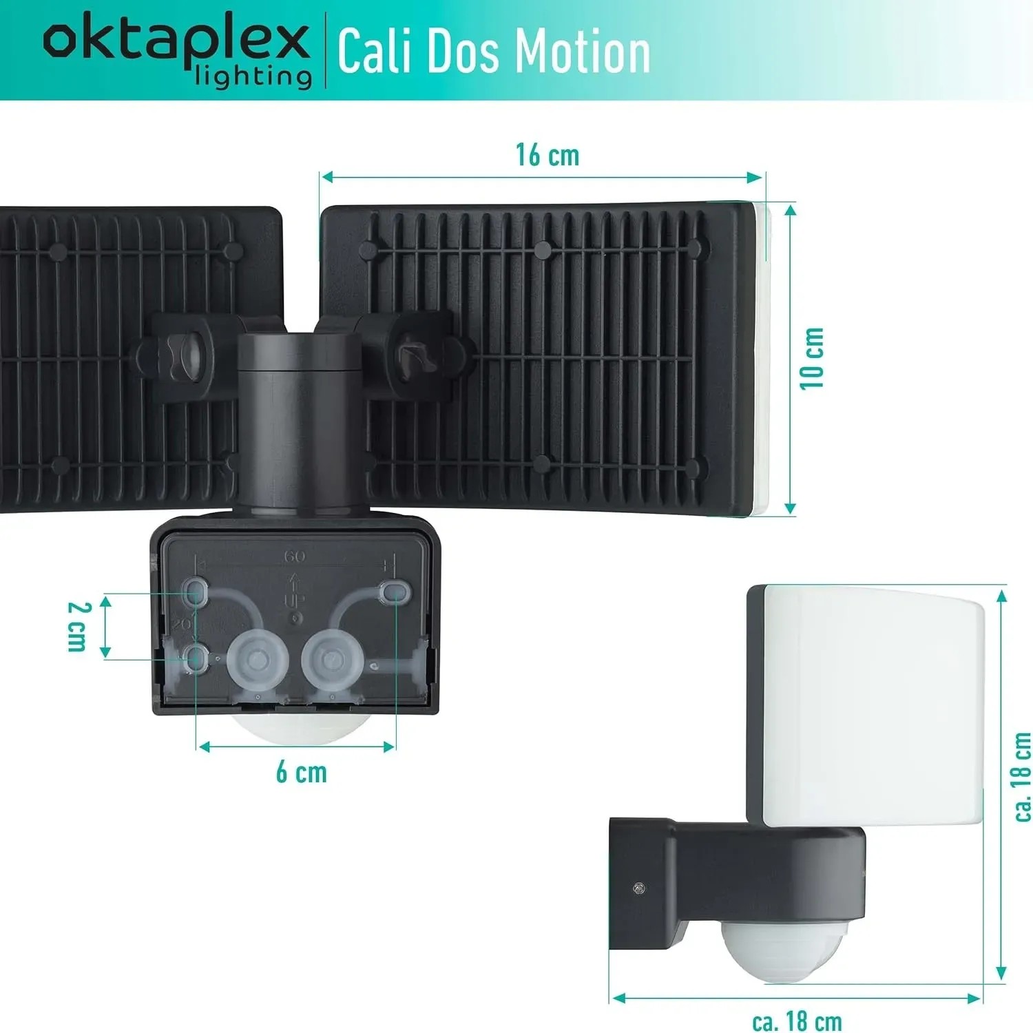 Oktaplex Cali Dos LED Außenstrahler mit Sensor, schwenkbar, IP65, Warmweiß, Master Funktion.