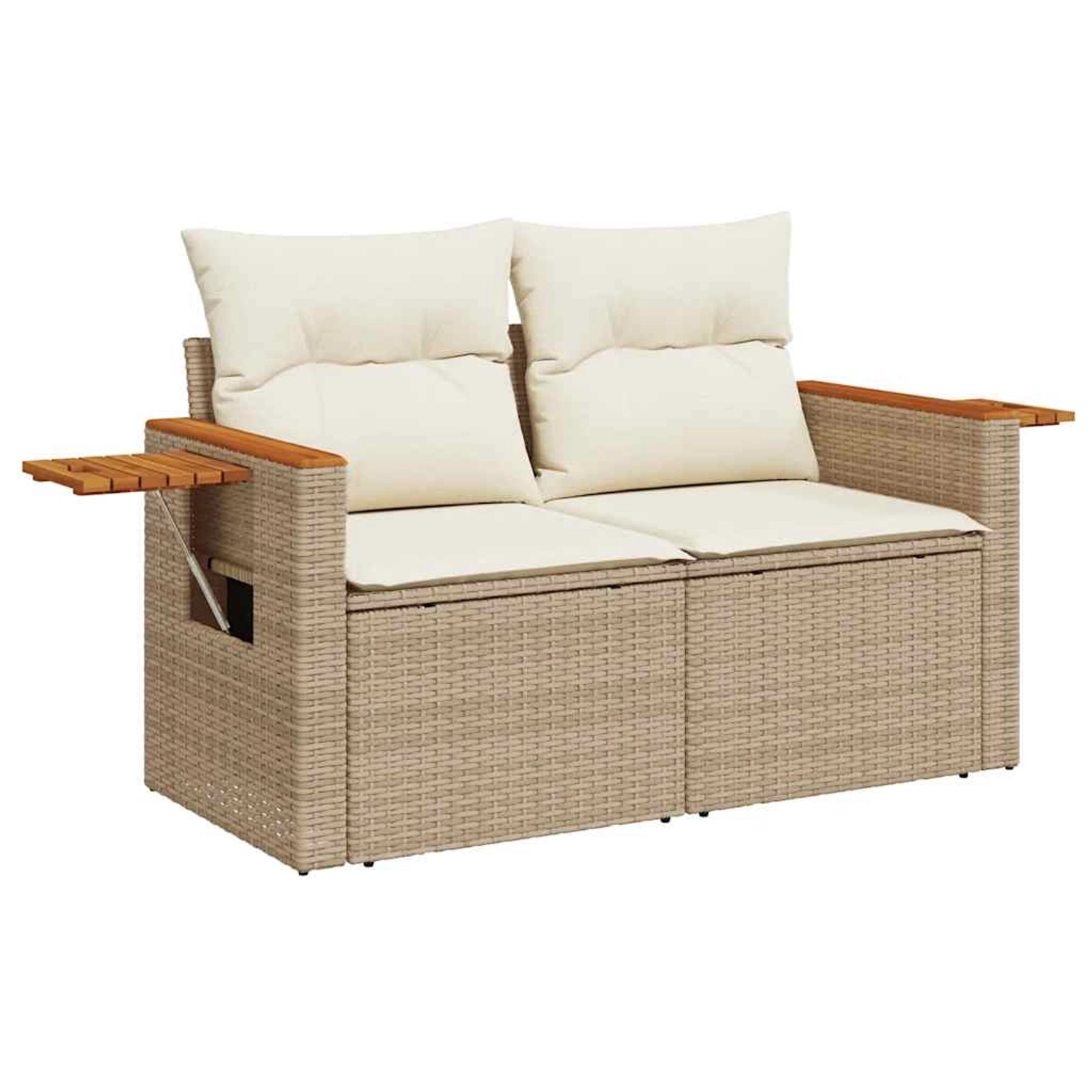 Beige 11-tlg. Garten-Sofagarnitur aus Rattan mit Akazienholz-Akzenten und weißen Kissen.
