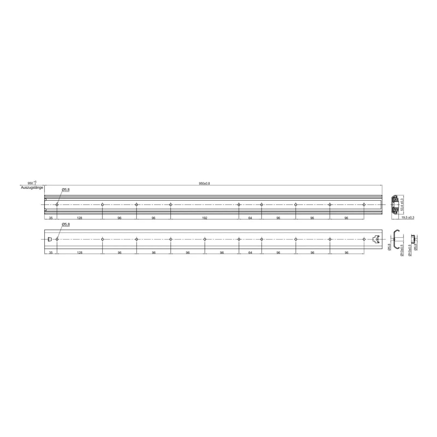 Technisches Diagramm des SOTECH Vollauszugs 950 mm für Schubkästen. Zeigt Maße, Befestigungspunkte und Profil der Schiene.