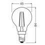 Skizze: Osram LED-Leuchtmittel E14 Tropfenform mit Maßangaben.