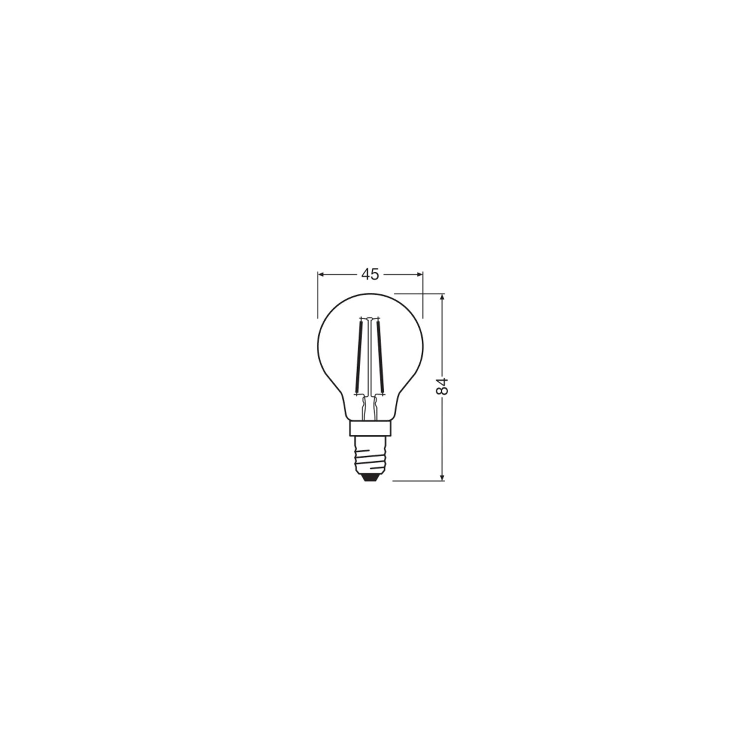 Skizze: Osram LED-Leuchtmittel E14 Tropfenform mit Maßangaben.