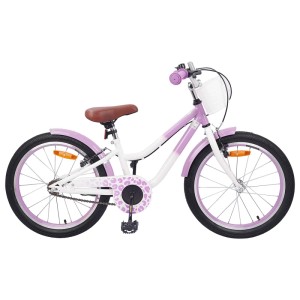 Lila-weißes vidaXL Kinderfahrrad 18 Zoll mit Schutzblechen, Korb und gemustertem Kettenschutz. Für 5-7 Jahre.