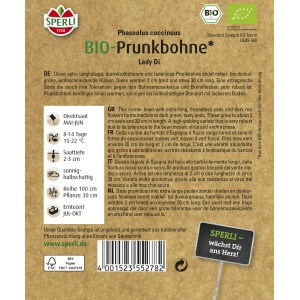Samenpackung Sperli Prunkbohne Lady Di Bio. Dunkelrot blühende, fadenlose Bohne, robust und ertragreich.