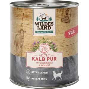 Wildes Land Hunde-Nassfutter Kalb Pur, 800g Dose. Glutenfreies Alleinfutter mit Distelöl.