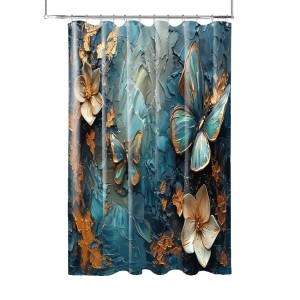 SANILO Duschvorhang Mariposa (180x200 cm) mit blau-goldenen Blumen und Schmetterlingen.