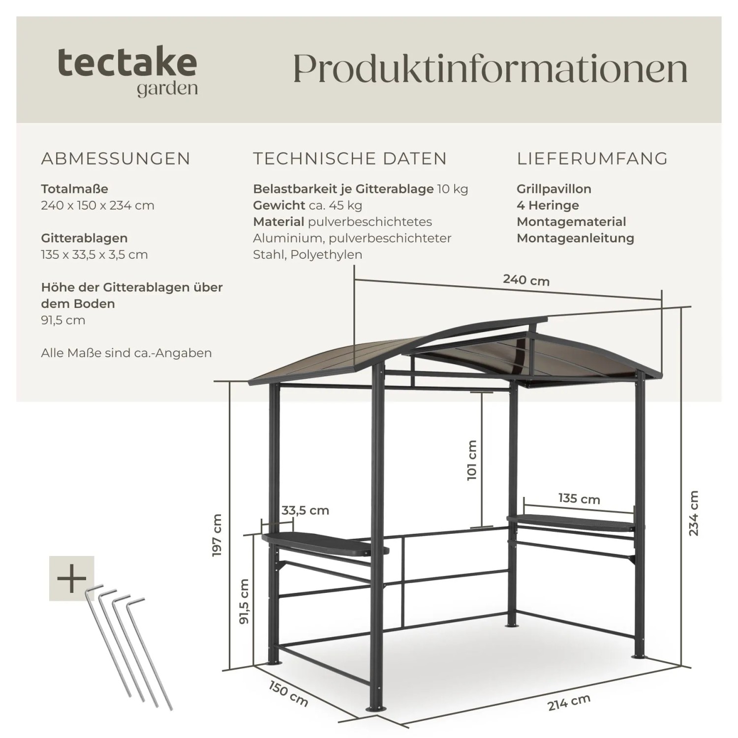 Tectake Grillpavillon Asado Gute Luftzirkulation Wetterfest  240 x 150 x 234 cm Grau_6
