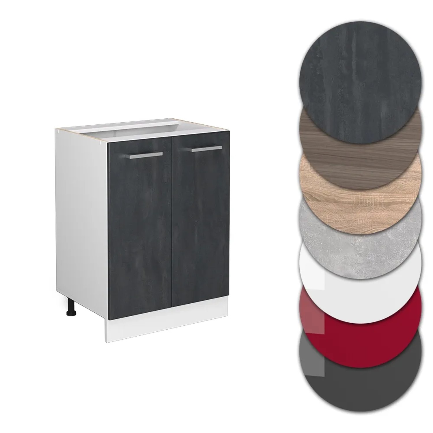 Vicco Küchenunterschrank R-Line, Schwarz Beton/Weiß mit AP Marmor, 60 cm. Küchenkommode mit verschiedenen Farboptionen.