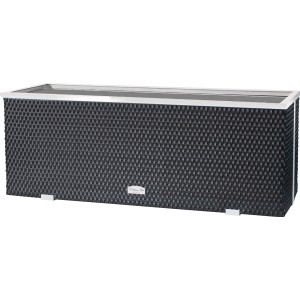 Anthrazitfarbener Polyrattan-Pflanzkübel Wilk, 108x39 cm, mit Alu-Beschlägen.