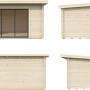 Palmako Gartenhaus Lea Slide, 4 Ansichten: Holzhaus mit Schiebetür, transparent tauchgrundiert.