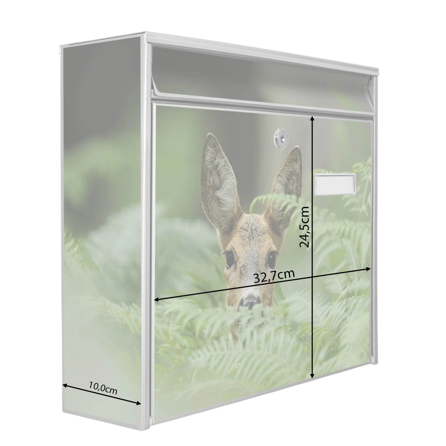 Silberner Banjado Briefkasten mit Reh-Motiv, inkl. Montagematerial und Schlüsseln. Großes Fassungsvermögen.
