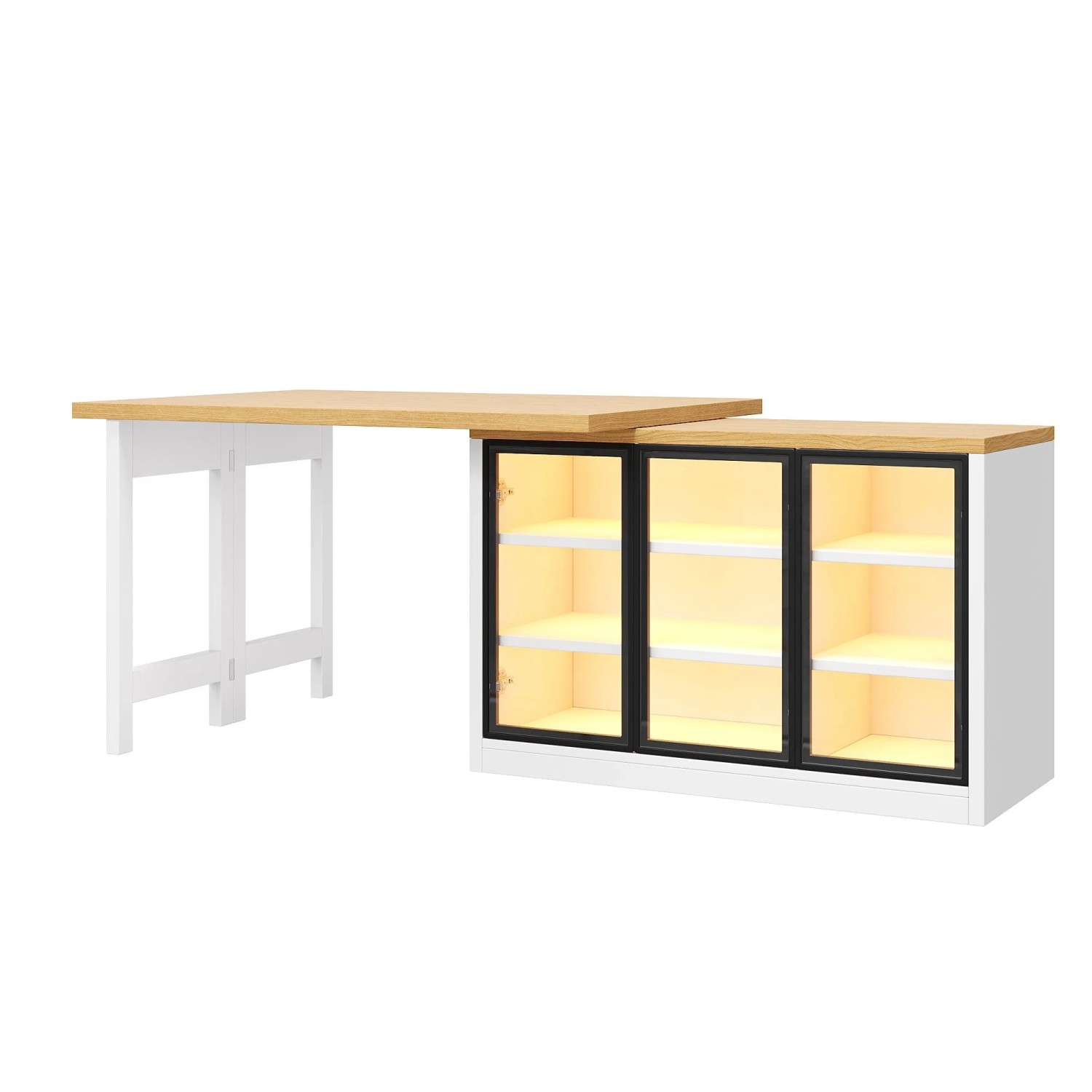 Merax Kücheninsel mit Esstisch  Seitenschrank  360° Drehfunktion  LED  Ausziehbar Weiß