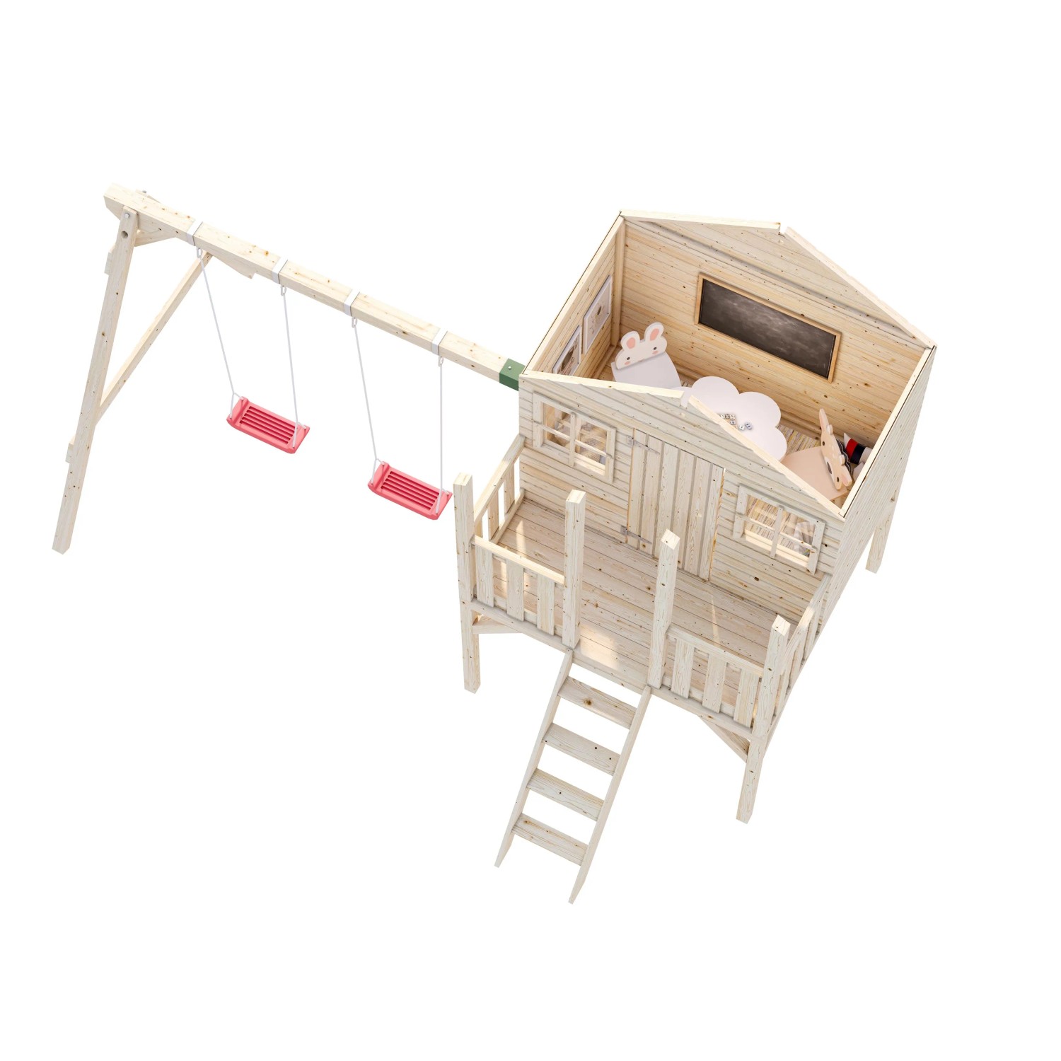 Palmako Toby Spielhaus-Set mit Schaukel aus unbehandeltem Holz, Leiter und zwei roten Schaukelbrettern.