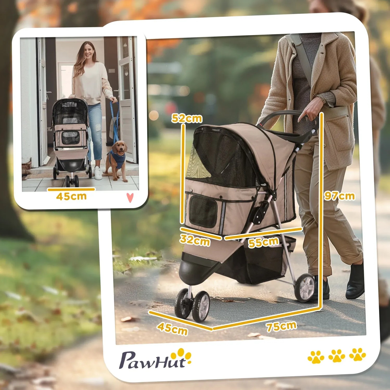 PawHut Hundewagen/Hundebuggy in Beige mit Maßangaben. Ideal für den sicheren Transport kleiner Haustiere.