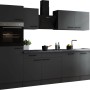 Respekta Küchenzeile Oliver 280 cm, grau matte Fronten, mit E-Geräten und Spüle.