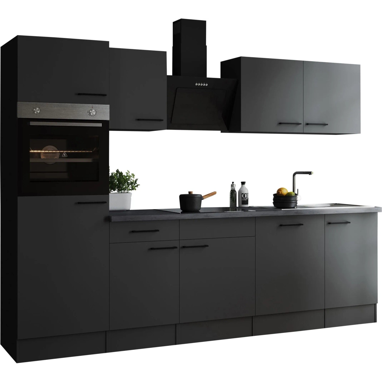 Respekta Küchenzeile Oliver 280 cm, grau matte Fronten, mit E-Geräten und Spüle.