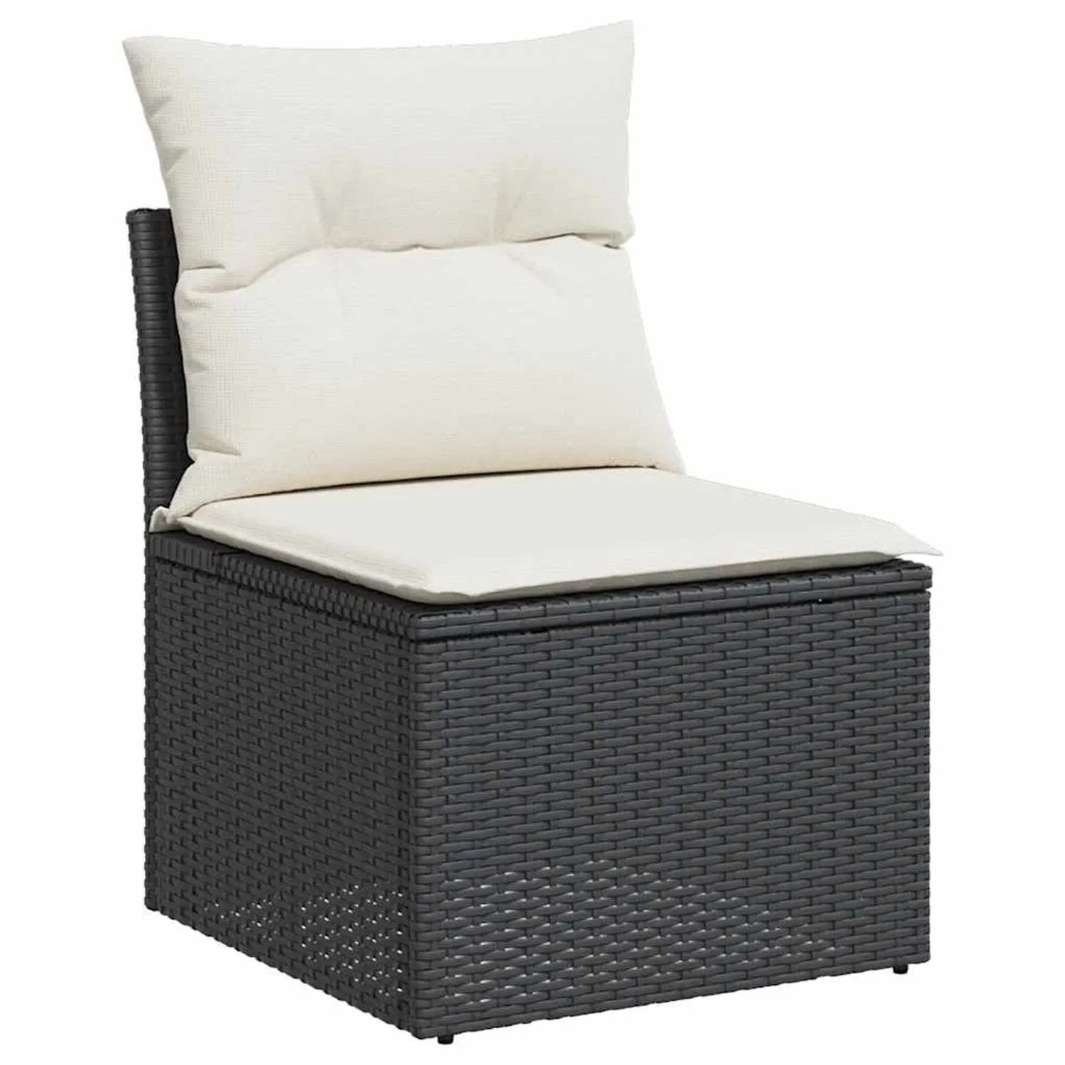 Schwarzes vidaXL Gartensofa aus Rattan mit cremefarbenen Kissen als Teil einer 9-teiligen Garten-Sofagarnitur.