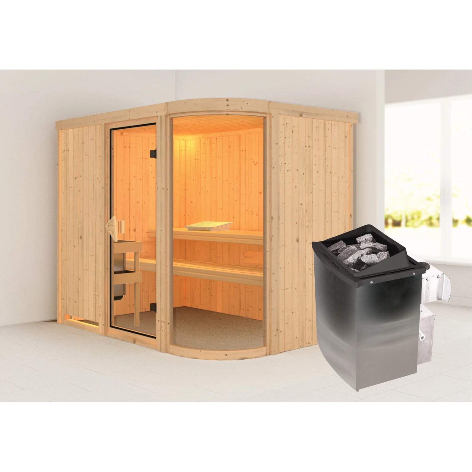 Karibu Sauna Pernilla 4 mit Ofen intergrierte Stg.Natur