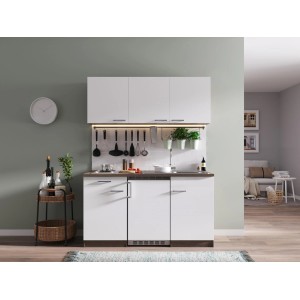 Respekta Küchenzeile KB150EYW, 150 cm, Weiß/Eiche York Nachbildung mit Spüle und Kühlschrank.