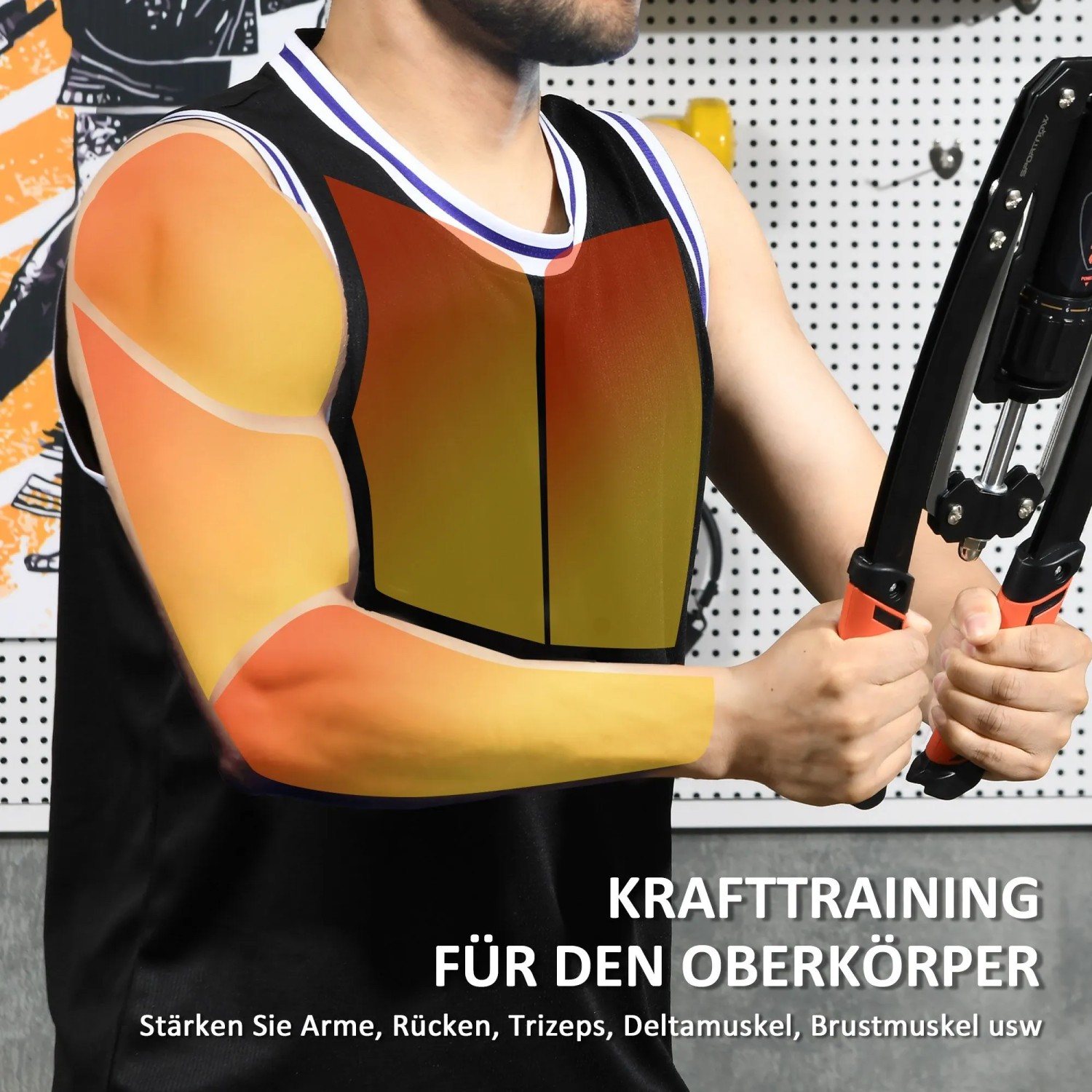 Mann trainiert Oberkörper mit schwarzem SPORTNOW Power Twister. Muskeln an Arm und Brust sind hervorgehoben.