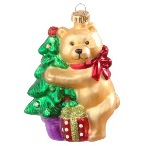 Weihnachtsornament: Goldener Bär umarmt Tannenbaum mit Geschenk. Krebs Glas Lauscha Christbaumkugel.