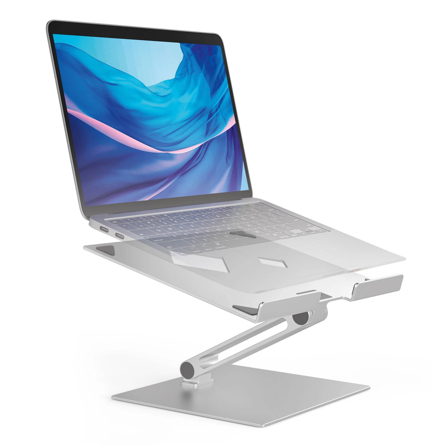 Silberner, höhenverstellbarer Durable Laptop Tischständer mit Notebook.