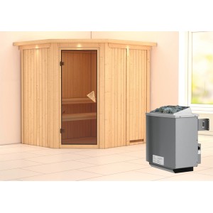 Karibu Sauna-Set Swenna mit Ofen und Dachkranz. Elementsauna aus Fichte mit Glastür und Saunaofen.