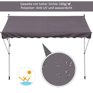Graue Furnicato Klemmmarkise mit Handkurbel, höhenverstellbar, für Terrasse und Balkon.