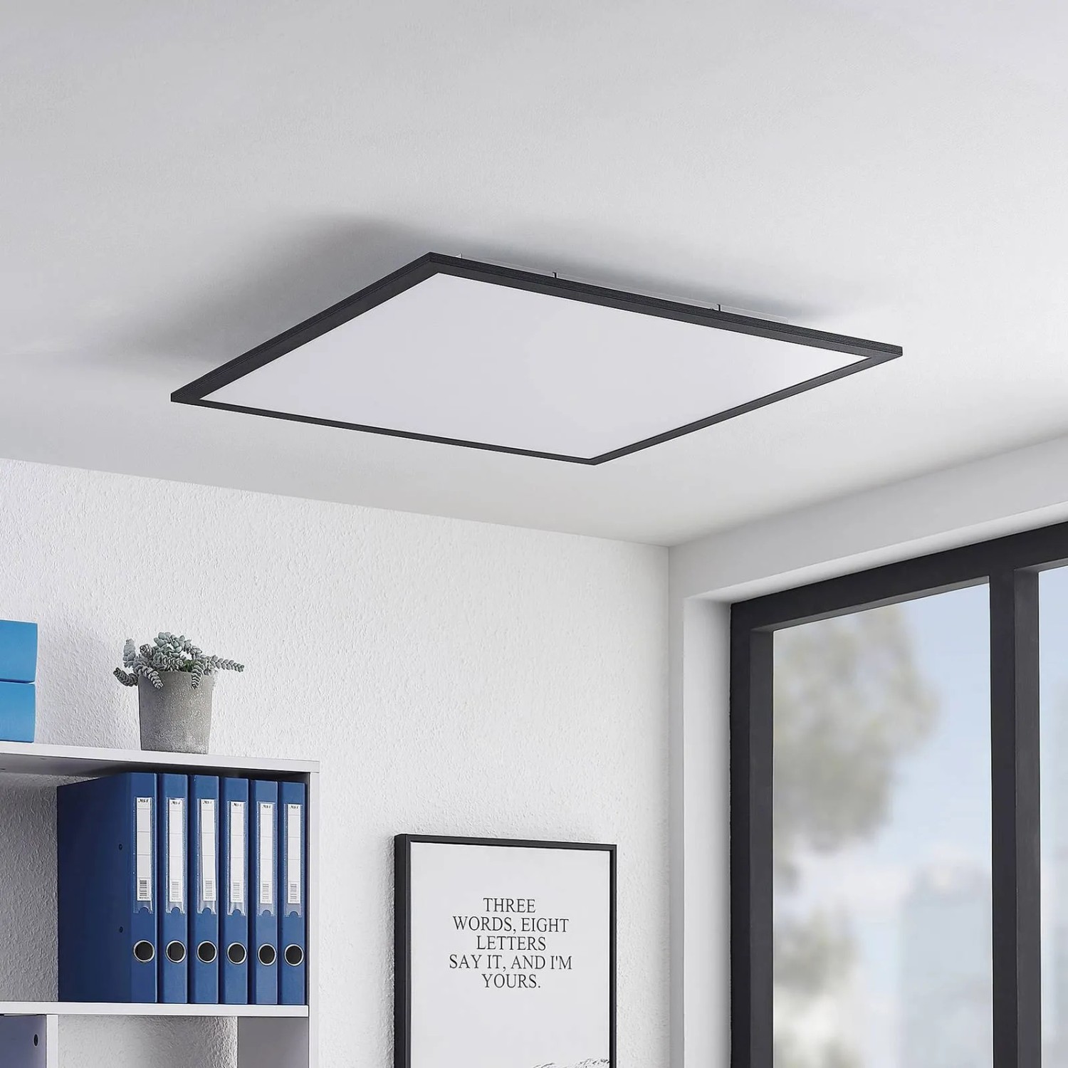 Schwarzes Lindby LED Panel Nelios, 62x62cm, für Wohnzimmer und Esszimmer. Moderne Deckenleuchte aus Aluminium.