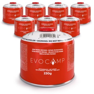 Acht rote Evocamp Butan-Propan Gaskartuschen (230g) mit Schraubventil für Camping und Outdoor.