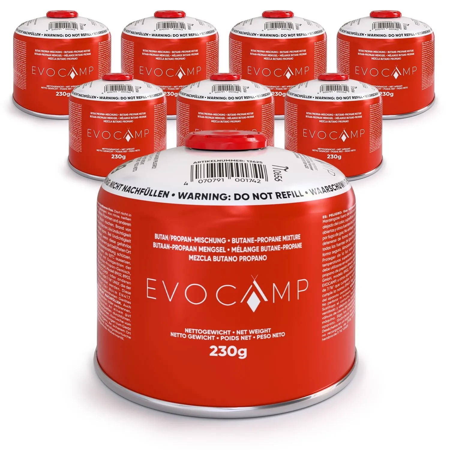 Evocamp Gaskartusche 8 Stück Butan Propan 230g EN 417 Schraubkartusche 7/16 Gewinde Sichere Kartusche mit Schraubventil