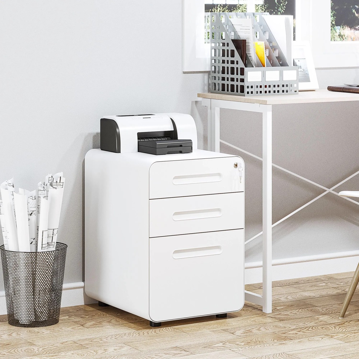 Weißer Vinsetto Rollcontainer mit 3 Schubladen und Schloss, mobil, unter Drucker im Büro. Ideal zur Aufbewahrung.
