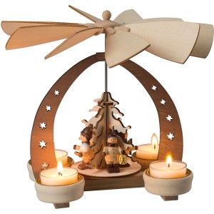 Hölzerne Tischpyramide Winterkinder mit Teelichtern, ca. 16x12x19 cm, Weihnachtsdekoration.
