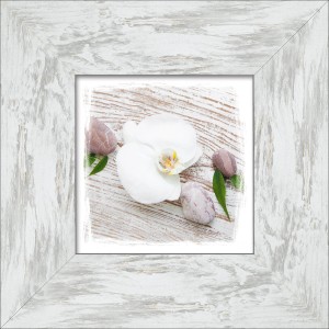 Bild mit Rahmen White Spring: Weißer Rahmen, Orchidee und Steine auf hellem Holz.