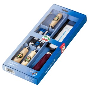 Kirschen Stechbeitel-Satz, 4-teilig mit Weißbuchenheft und Japansäge im Set.