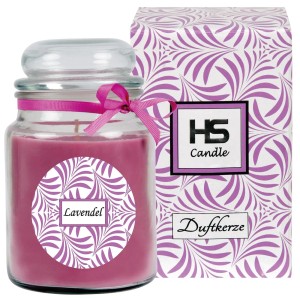 HS Candle Duftkerze Lavendel im Glas mit Schleife und Verpackung.