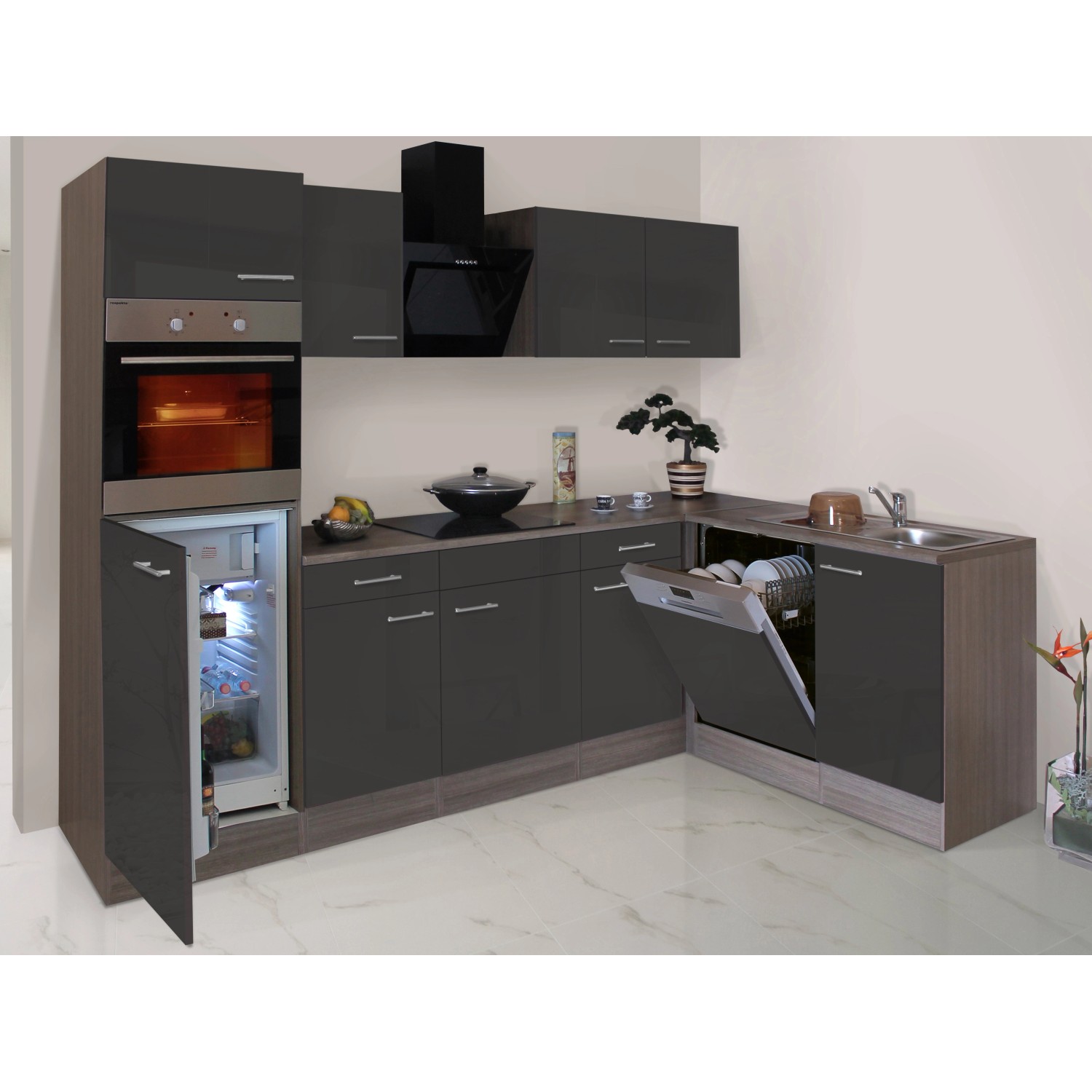 Respekta Winkelküche, 280 cm, grau seidenglänzend mit Eiche York Dekor, inklusive E-Geräte.