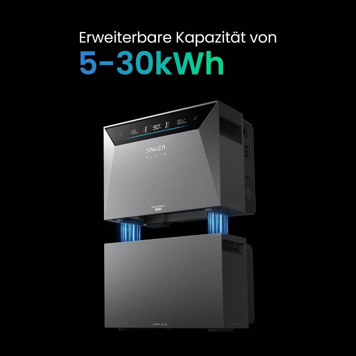 Anker SOLIX Solarbank E5000 Pro, grauer Energiespeicher für Balkonkraftwerk. Erweiterbare Kapazität 5-30kWh.