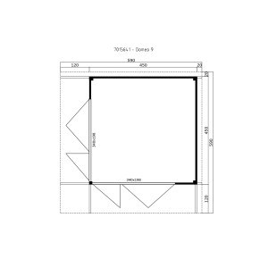 Grundriss Lasita Maja Ferienhaus Domeo 9, 450x450 cm, Schwedenrot. Abmessungen und Details zum Holz-Gartenhaus.