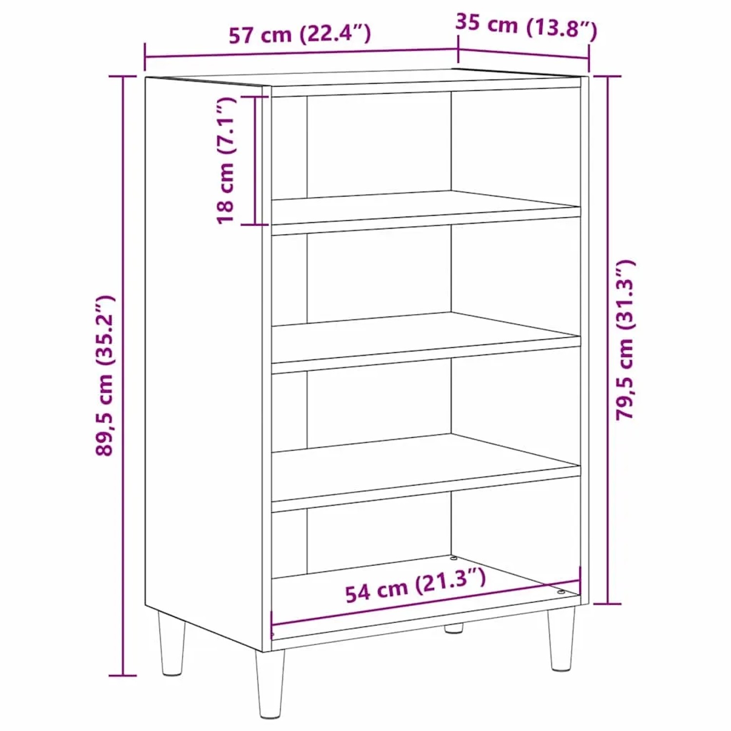 vidaXL Sideboard Artisan-Eiche, 57x35x89,5 cm, Holzwerkstoff, mit Maßangaben.