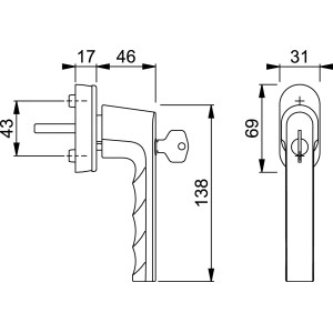 Technische Zeichnung Hoppe Fenstergriff Hamburg, abschließbar, mit Maßangaben.