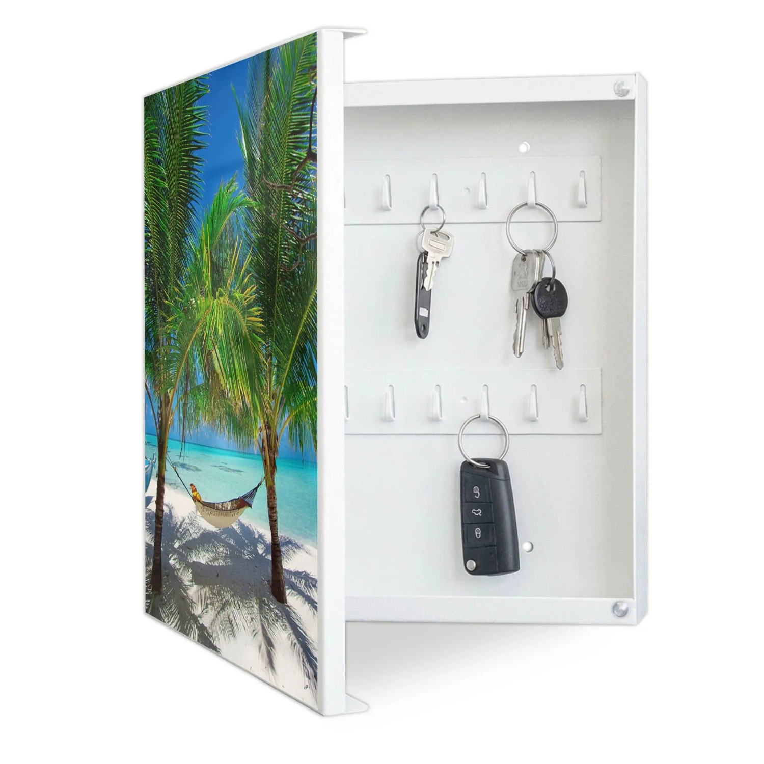 Banjado Großer Schlüsselkasten Metall 30x30cm Weiß Scharnier Links 50 Haken Beschreibbar Magnetisch Motiv Strand
