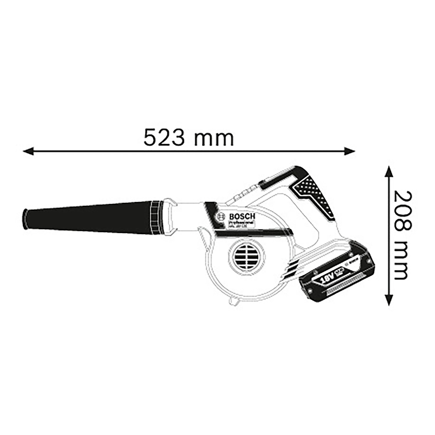 Bosch Professional Akku-Gebläse GBL 18 V-120. Seitenansicht mit Maßen: 523 mm Länge, 208 mm Höhe.